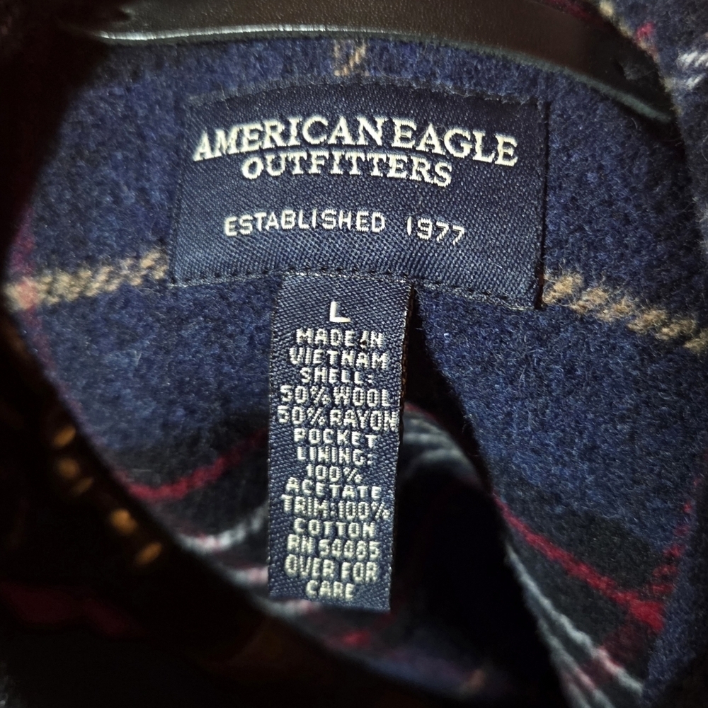 American Eagle Wool Blend Navy Blue Hooded Duffel Coat Horn Toggle Size Large - Picture 6 of 6